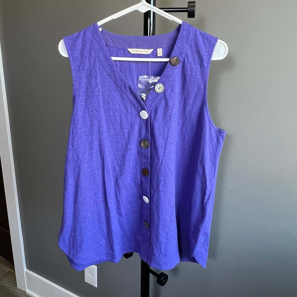NWOT Soft Surroundings Blue Delta Tank Top with Unique Buttons Size Large Petite